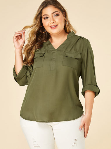Wholesale V-Neck Plain Two Large Pockets Long Sleeve High-Low Hem Army Green Plus Size Tops