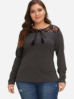 Wholesale Round Neck Lace Lace-Up Long Sleeve Grey Plus Size Tops