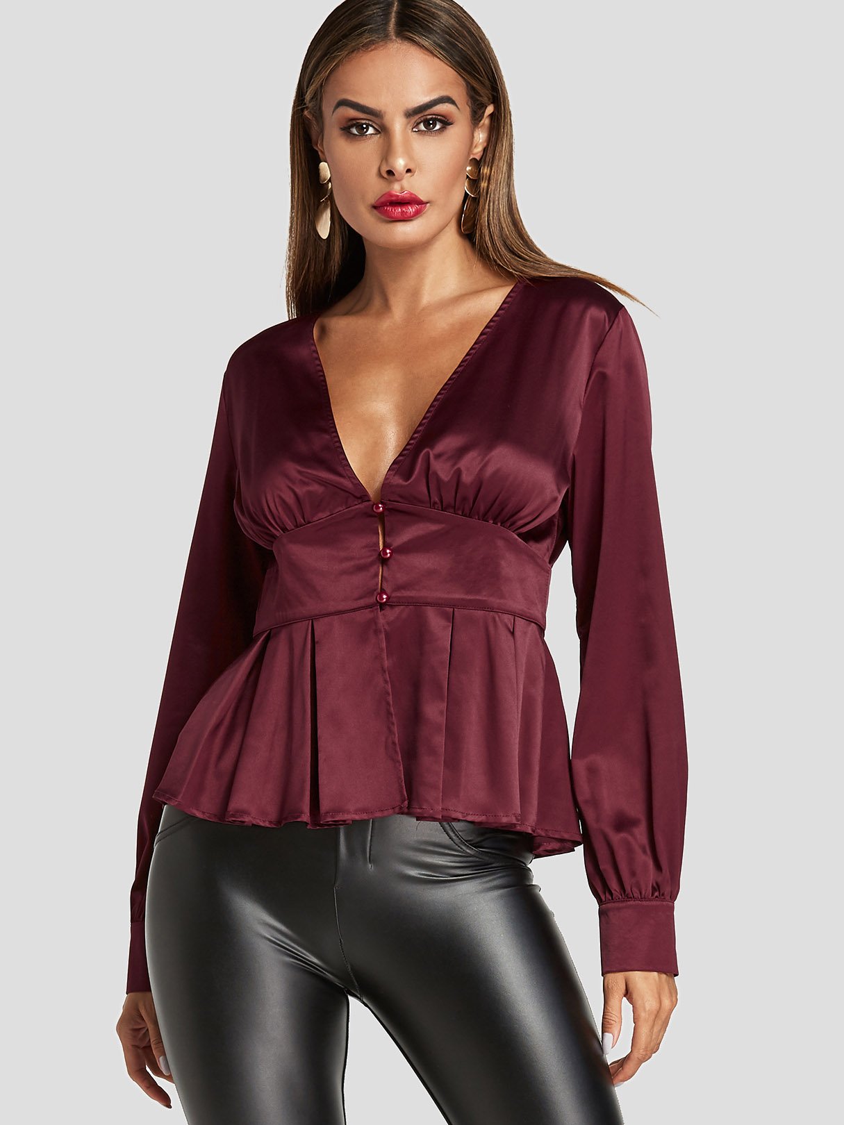 Wholesale Deep V Neck Pleated Long Sleeve Flounced Hem Burgundy Blouses