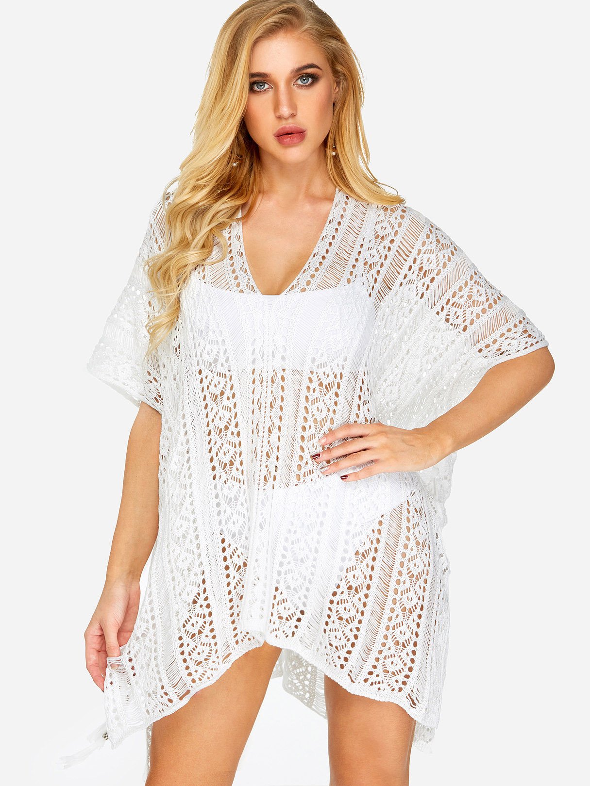 Wholesale V-Neck Tassel Backless Hollow White Cover Ups Swimwear