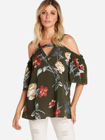 Wholesale Cold Shoulder Floral Print Cut Out Pleated Half Sleeve Blouses