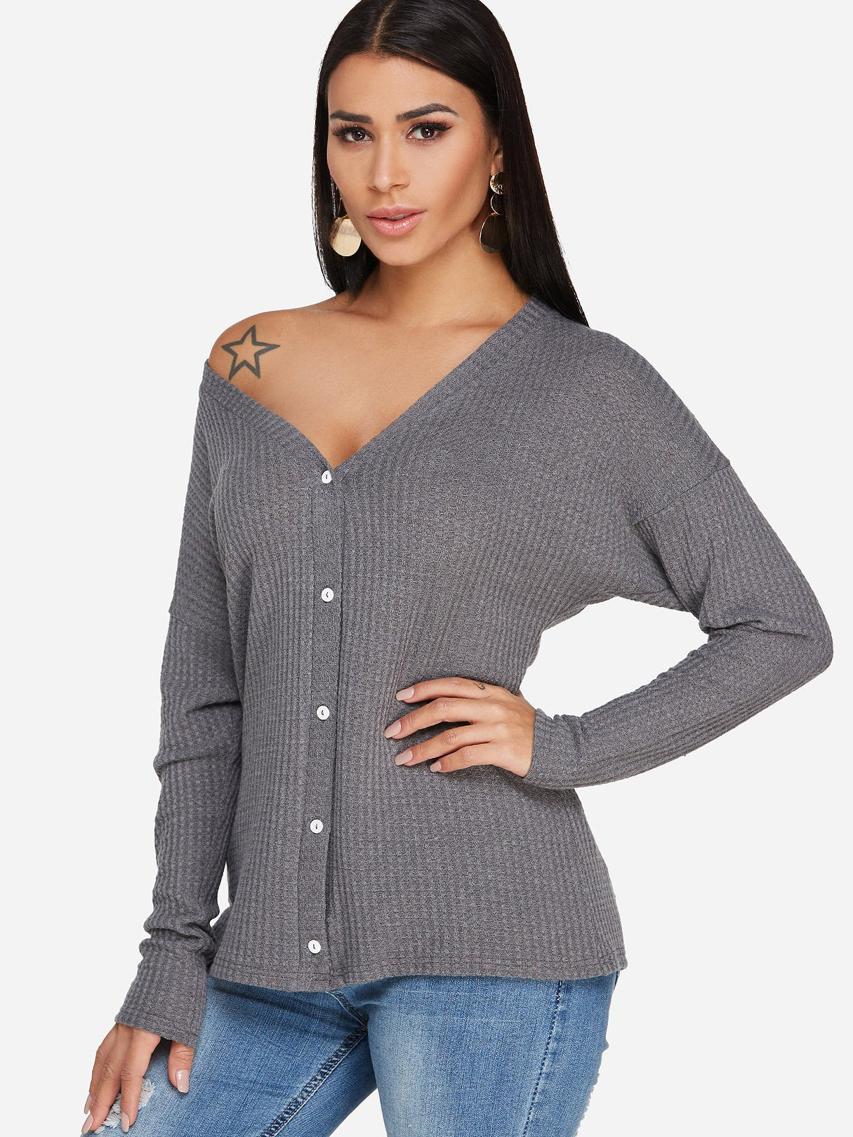 Wholesale Long Sleeve Fashion V-Neck Grey T-Shirts