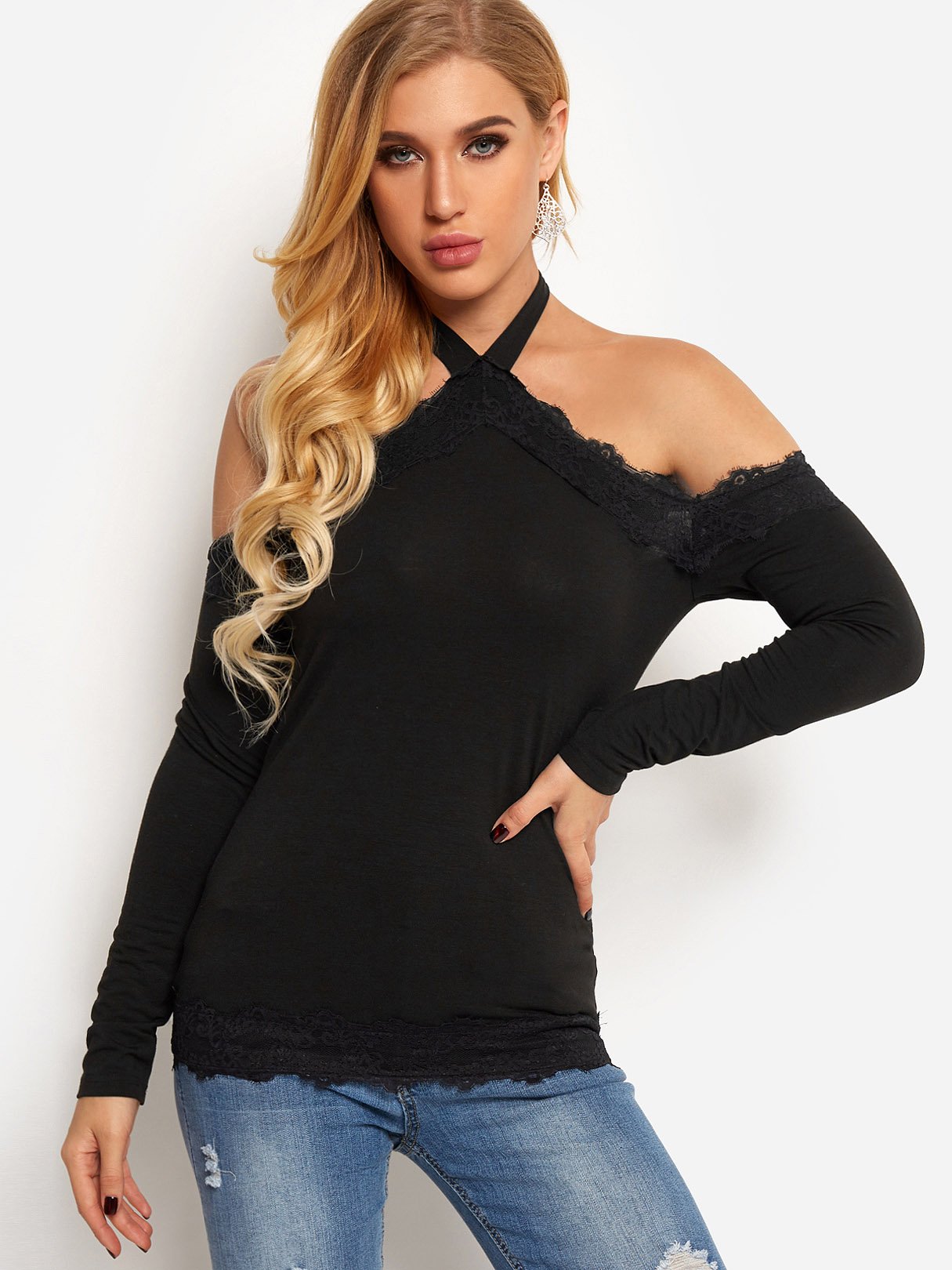 Wholesale Halter Lace Long Sleeve Black Top