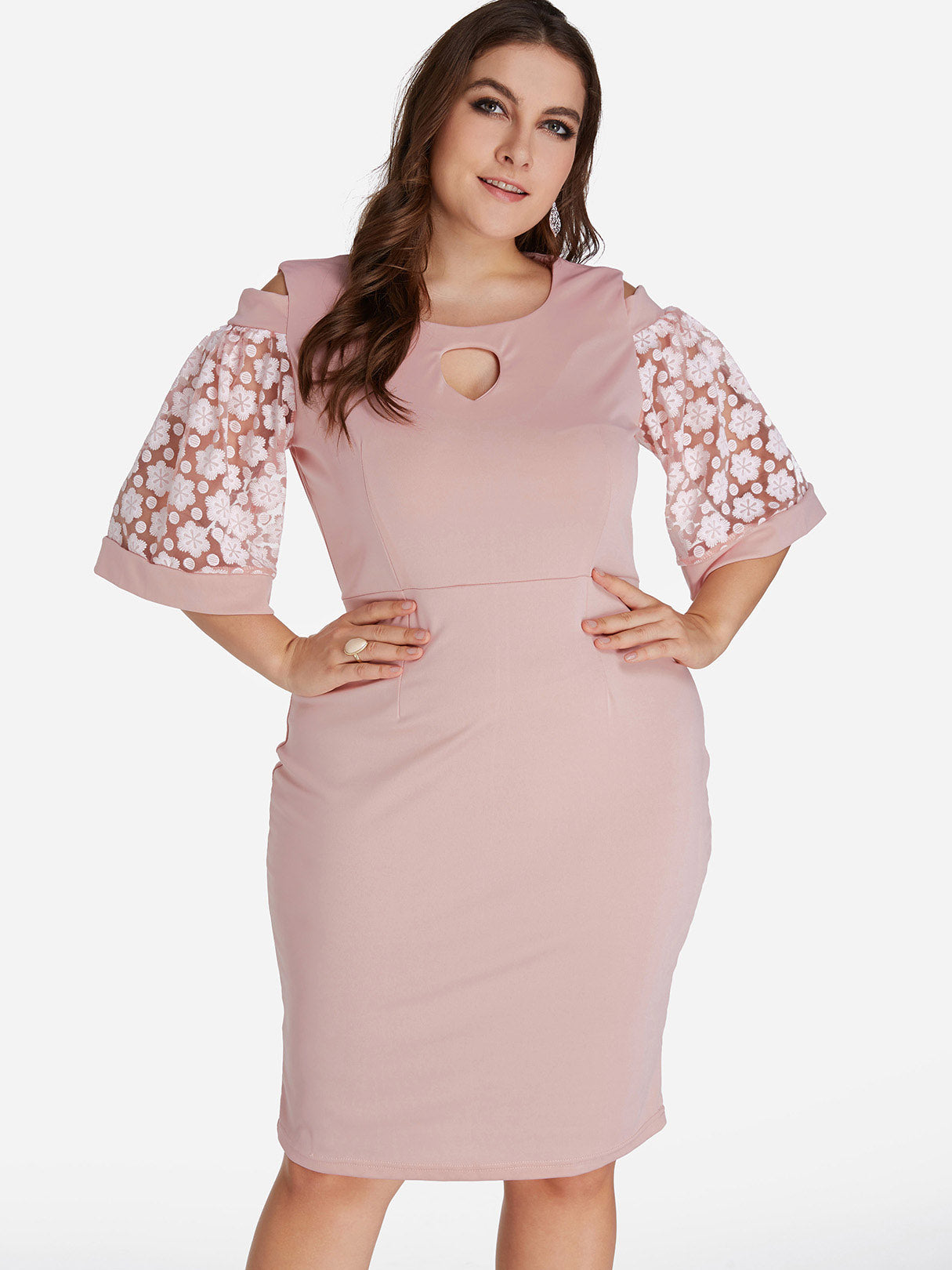 Wholesale Round Neck Plain Cut Out Half Sleeve Pink Plus Size Dresses
