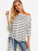 Wholesale Asymmetrical One Shoulder Stripe Self-Tie Long Sleeve Curved Hem Blouses