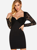 Wholesale Black Square Neck Tube Top Long Sleeve Plain Lace Zip Back See Through Sexy Dresses