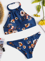 Wholesale Choker Neck Floral Print Backless Sleeveless Dark Blue Bikinis