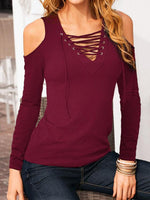 Wholesale Cold Shoulder Deep V Neck Plain Lace-Up Cut Out Long Sleeve T-Shirts