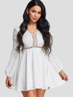 Wholesale White V-Neck Long Sleeve Embroidered Backless Hollow Mini Dress