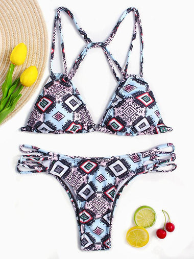 Wholesale V-Neck Sleeveless Printed Lace-Up Tie-Up Stitching Hem Two Piece Bikinis