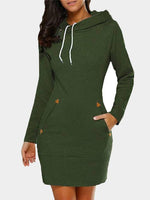 Wholesale Green Crew Neck Long Sleeve Plain Zip Back Side Pockets Hooded Casual Dress
