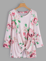 Wholesale Round Neck Floral Print Crossed Front Long Sleeve Irregular Hem T-Shirts