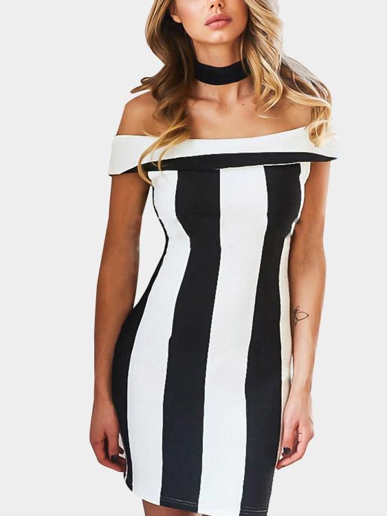 Wholesale Off The Shoulder Stripe Zip Back Mini Dress