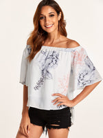 Wholesale Off The Shoulder Floral Print Short Sleeve Curved Hem Blouses