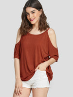 Wholesale Cold Shoulder Plain Cut Out Half Sleeve Rust T-Shirts