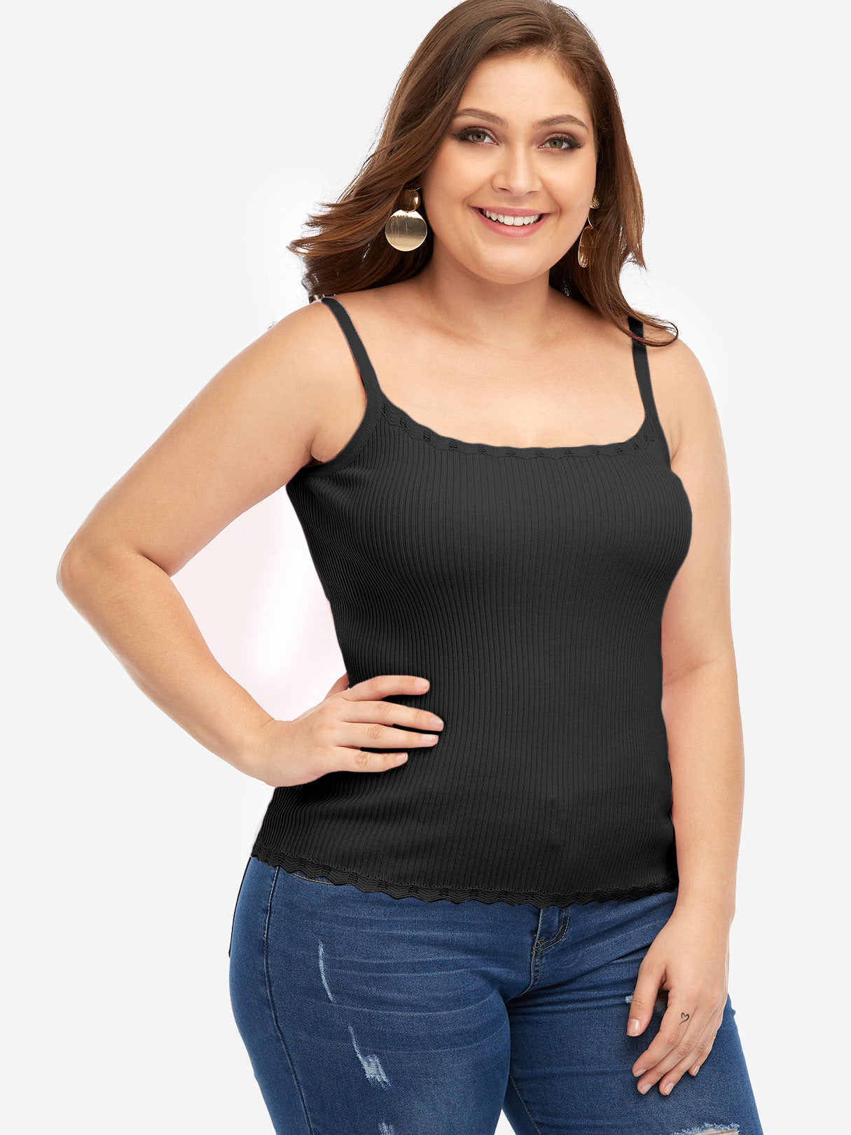 Wholesale Scoop Neck Plain Spaghetti Strap Sleeveless Black Plus Size Tops