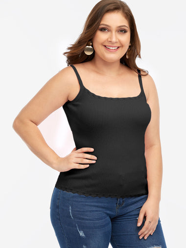 Wholesale Scoop Neck Plain Spaghetti Strap Sleeveless Black Plus Size Tops