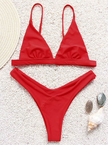 Wholesale V-Neck Plain Sleeveless Red Bikini Set