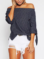 Wholesale Off The Shoulder Stripe 3/4 Sleeve Navy Blouses