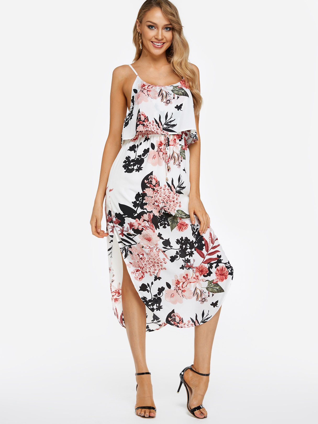 Wholesale White Round Neck Sleeveless Floral Print Backless Lace-Up Spaghetti Strap Slit Hem Dresses