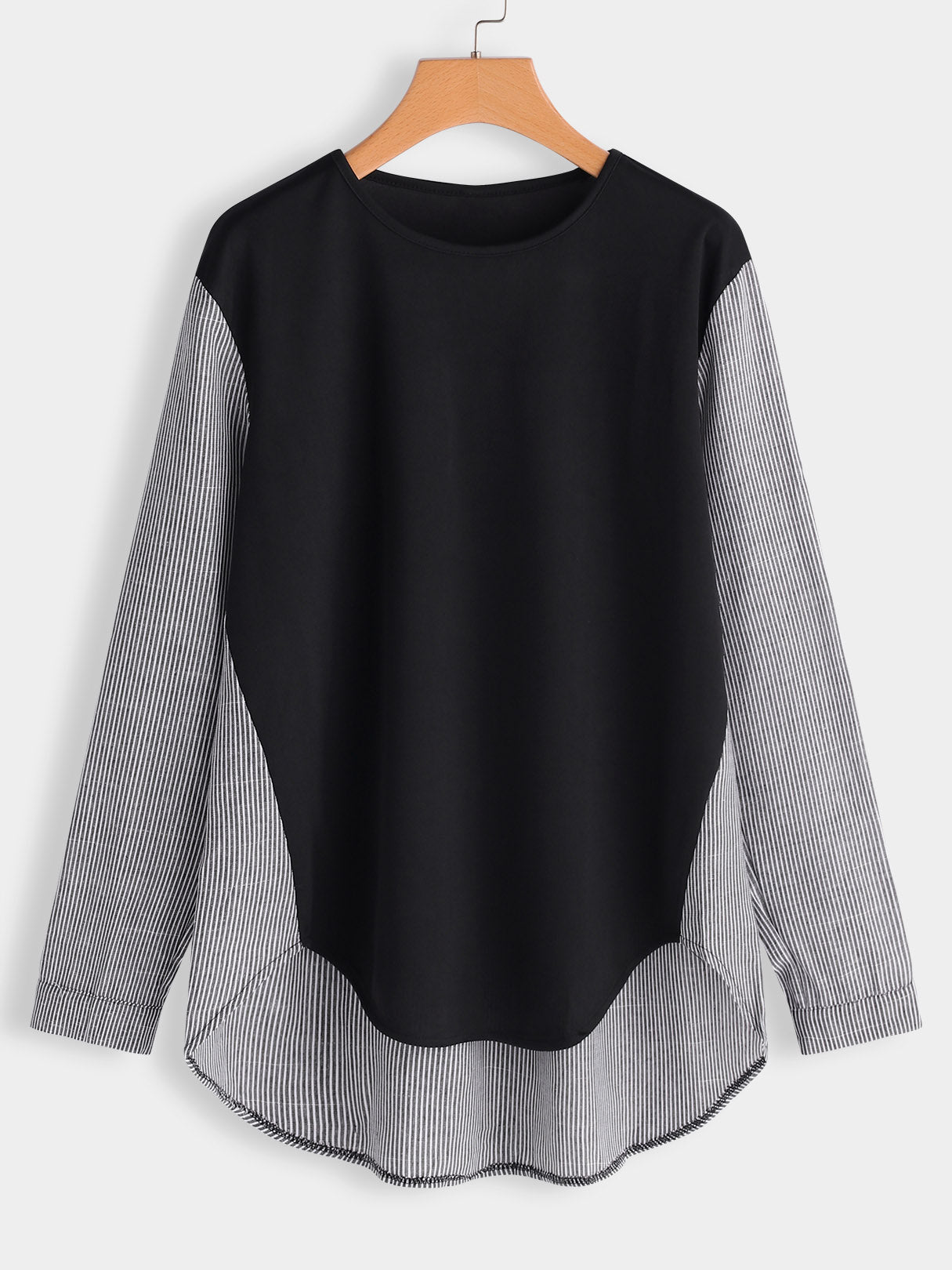 Wholesale Round Neck Stripe Long Sleeve High-Low Hem Plus Size Tops