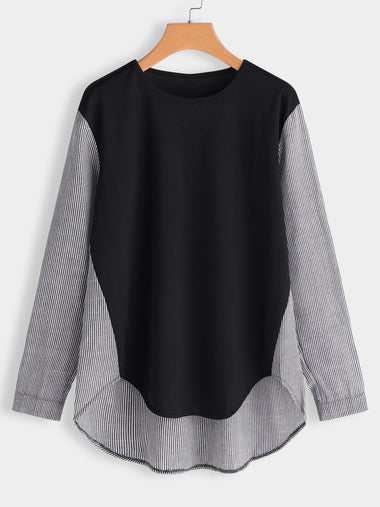 Wholesale Round Neck Stripe Long Sleeve High-Low Hem Plus Size Tops