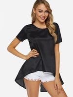 Wholesale Crew Neck Plain Slit Short Sleeve Irregular Hem Black Top