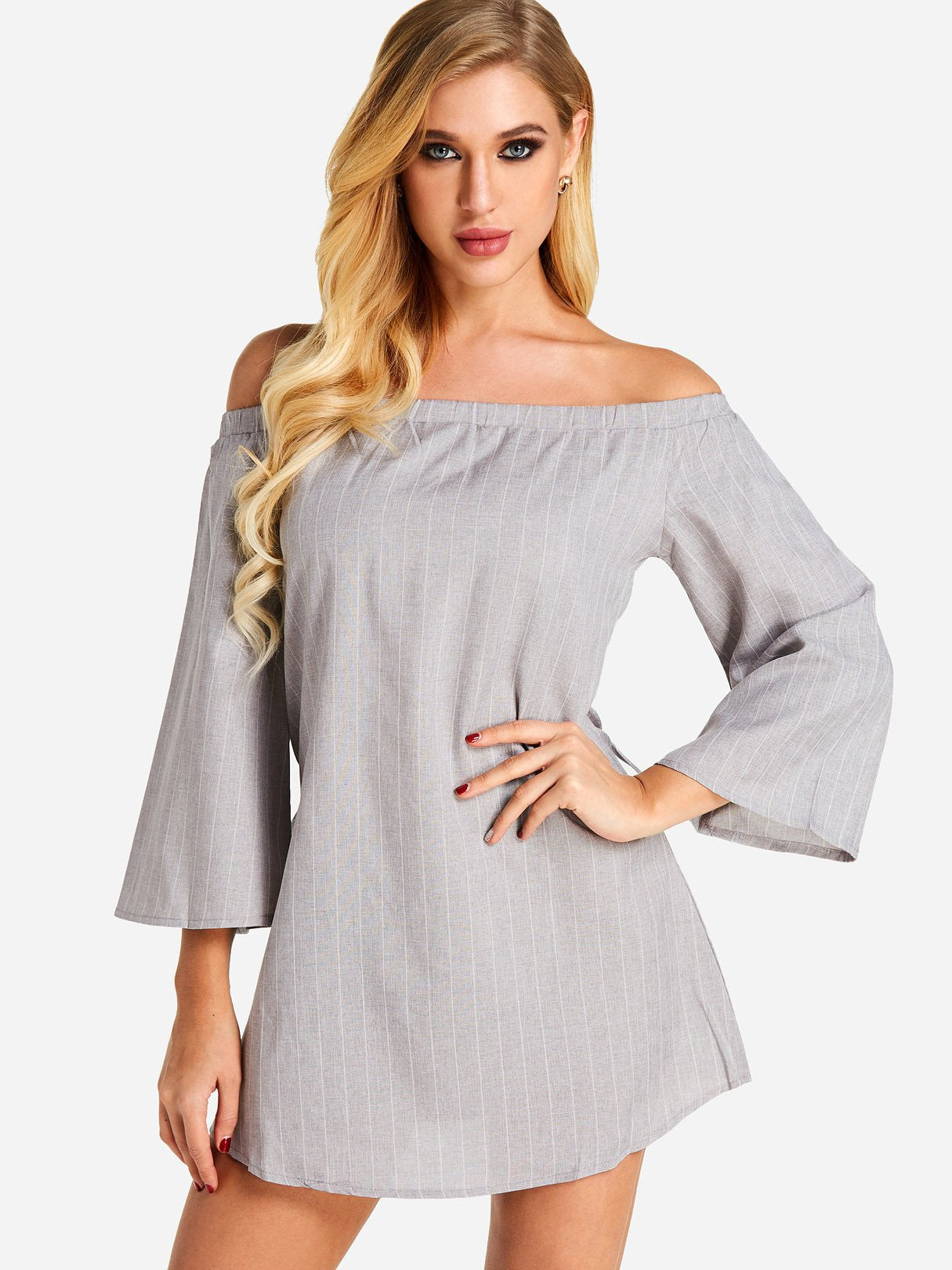 Wholesale Off The Shoulder Long Sleeve Stripe Lace-Up Mini Dress