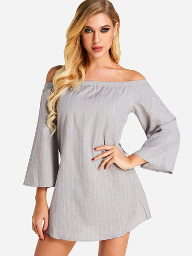 Wholesale Off The Shoulder Long Sleeve Stripe Lace-Up Mini Dress