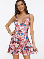Wholesale Pink Deep V Neck Sleeveless Floral Print Backless Spaghetti Strap Ruffle Hem Mini Dress