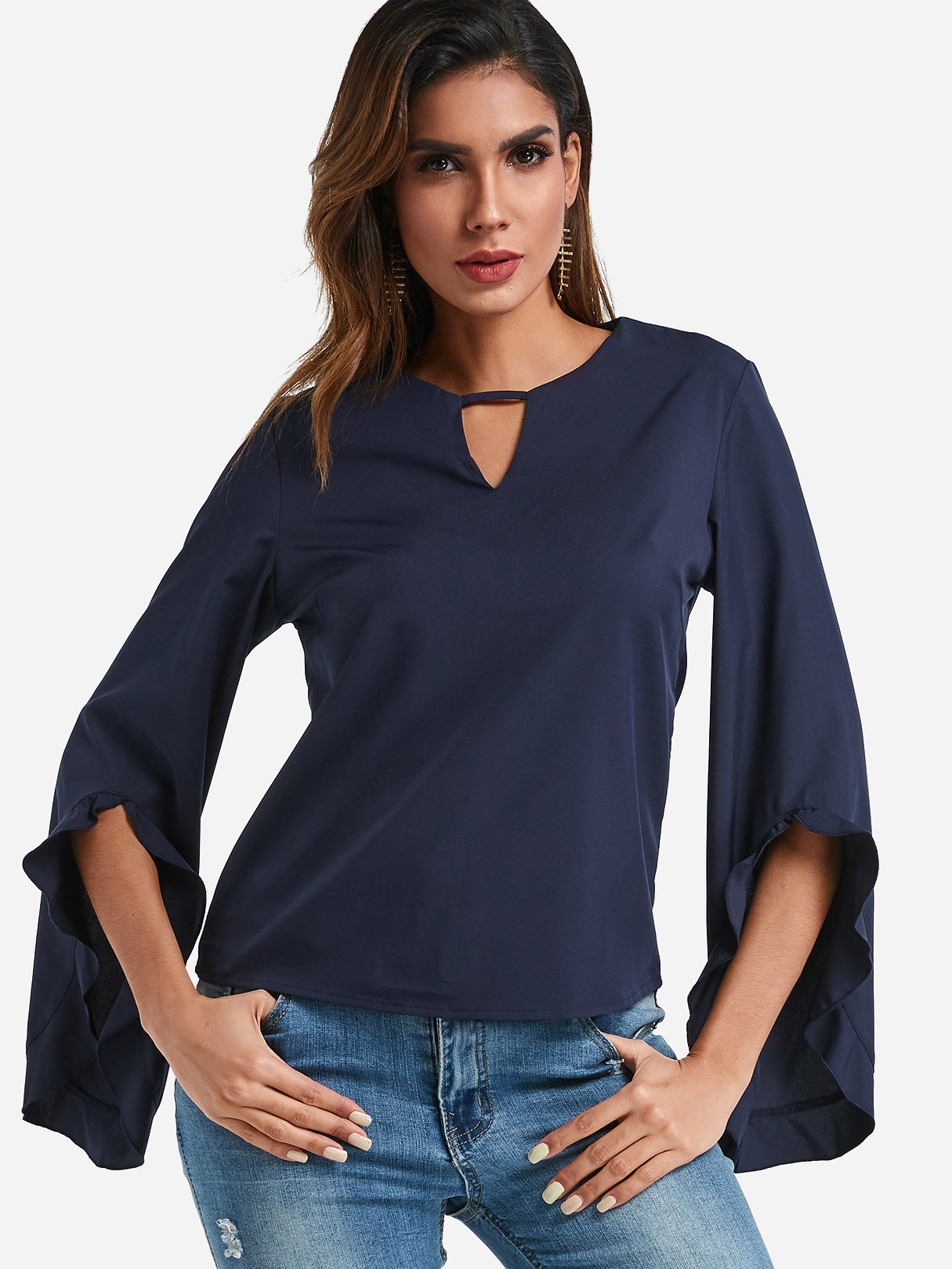 Wholesale Crew Neck Plain Zip Back Cut Out Long Sleeve Navy Blouses