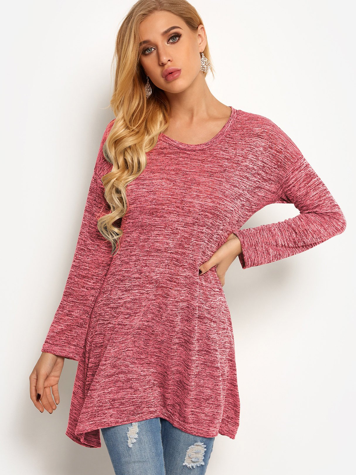 Wholesale Crew Neck Plain Long Sleeve Irregular Hem T-Shirts