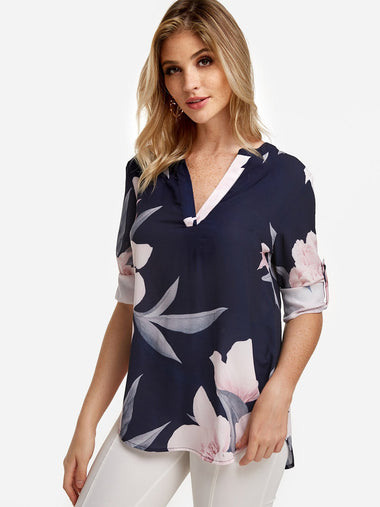 Wholesale V-Neck Floral Print Long Sleeve Curved Hem Navy Blouses