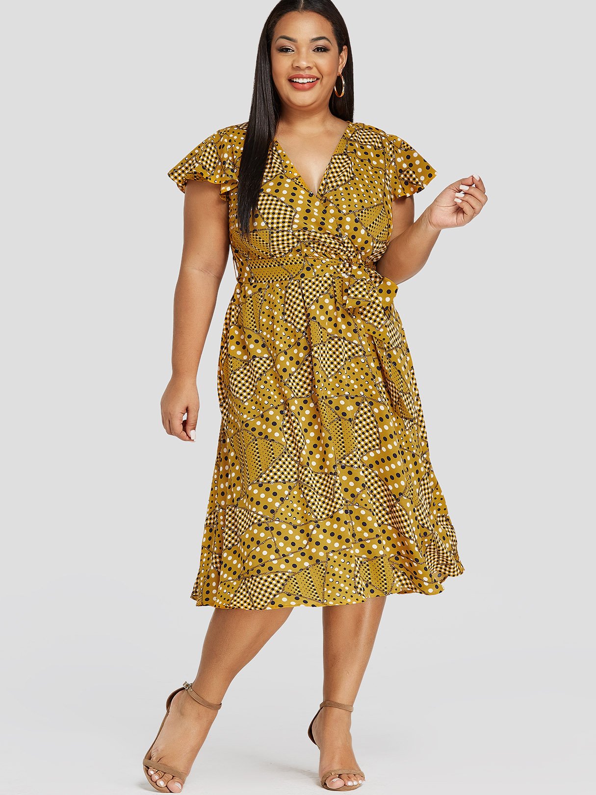 Wholesale V-Neck Polka Dot Crossed Front Self-Tie Short Sleeve Yellow Plus Size Dress
