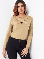 Wholesale Crossed Collar Crossed Front Long Sleeve Khaki Top