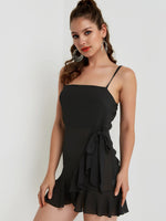 Wholesale Black Sleeveless Plain Backless Spaghetti Strap Self-Tie Flounced Hem Sexy Dresses