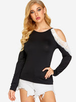 Wholesale Cold Shoulder Lace Long Sleeve Black Tee