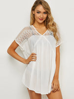 Wholesale White V-Neck Short Sleeve Plain Lace Beach Dresses