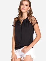 Wholesale Choker Neck Mesh Shoulder Short T-Shirts