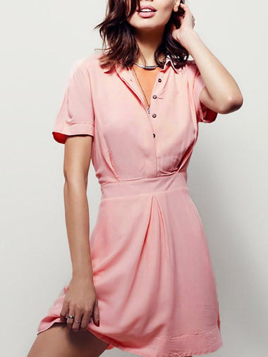 Wholesale Pink Classic Collar Short Sleeve Mini Dress