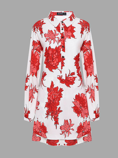 Wholesale Classic Collar Long Sleeve Floral Print Mini Dress