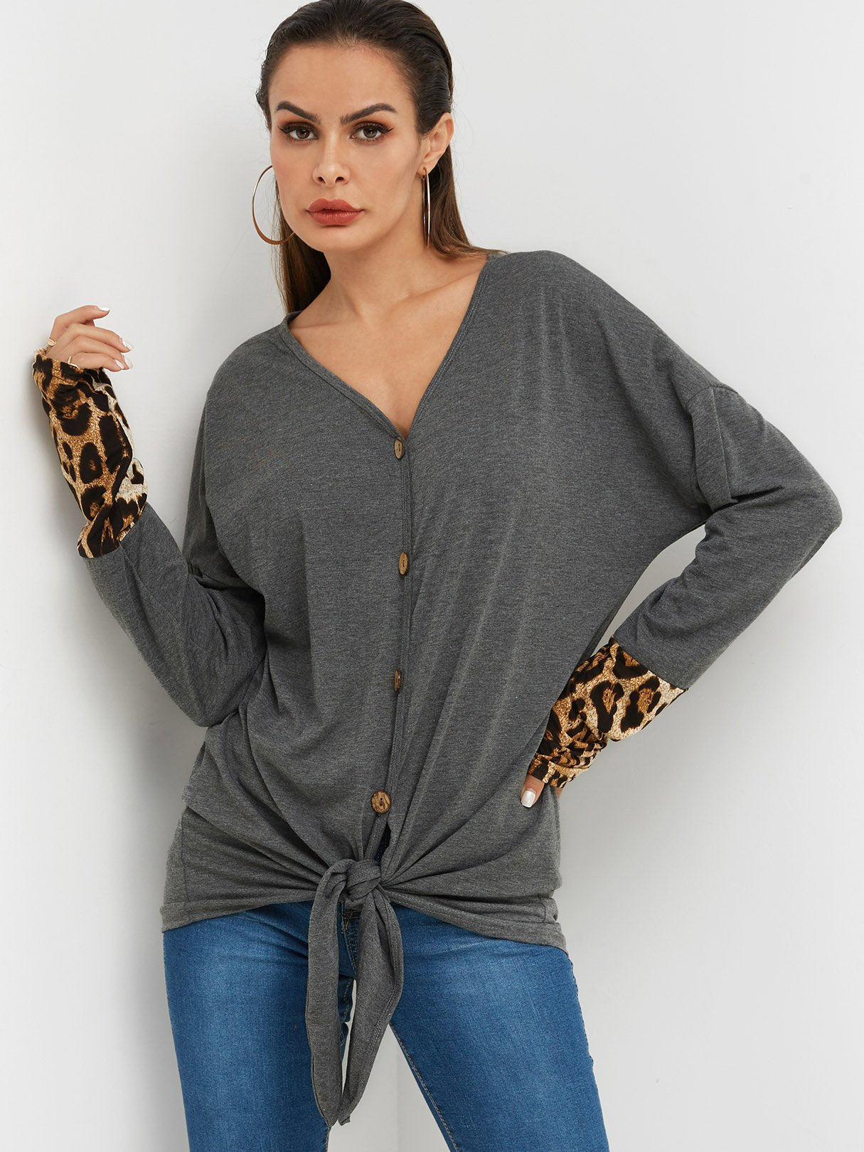 Wholesale V-Neck Leopard Crossed Front Long Sleeve T-Shirts