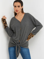 Wholesale V-Neck Leopard Crossed Front Long Sleeve T-Shirts