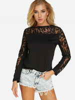 Wholesale Crochet Lace Embellished Long Sleeve Black T-Shirts