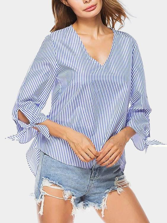 Wholesale V-Neck Stripe 3/4 Sleeve Irregular Hem Blouses