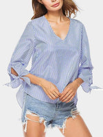 Wholesale V-Neck Stripe 3/4 Sleeve Irregular Hem Blouses