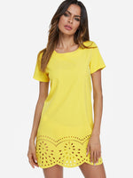 Wholesale Yellow Round Neck Short Sleeve Hollow Cut Out Casual Dress