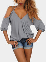 Wholesale V-Neck Cold Shoulder Plain Crossed Front Cut Out Half Sleeve Grey T-Shirts