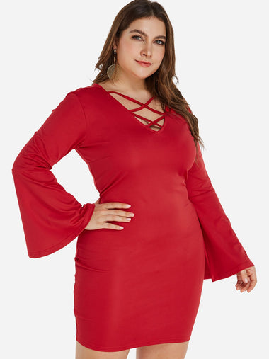 Wholesale V-Neck Plain Criss-Cross Long Sleeve Red Plus Size Dress
