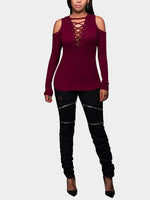 Wholesale Lace-Up Long Sleeve Burgundy T-Shirts
